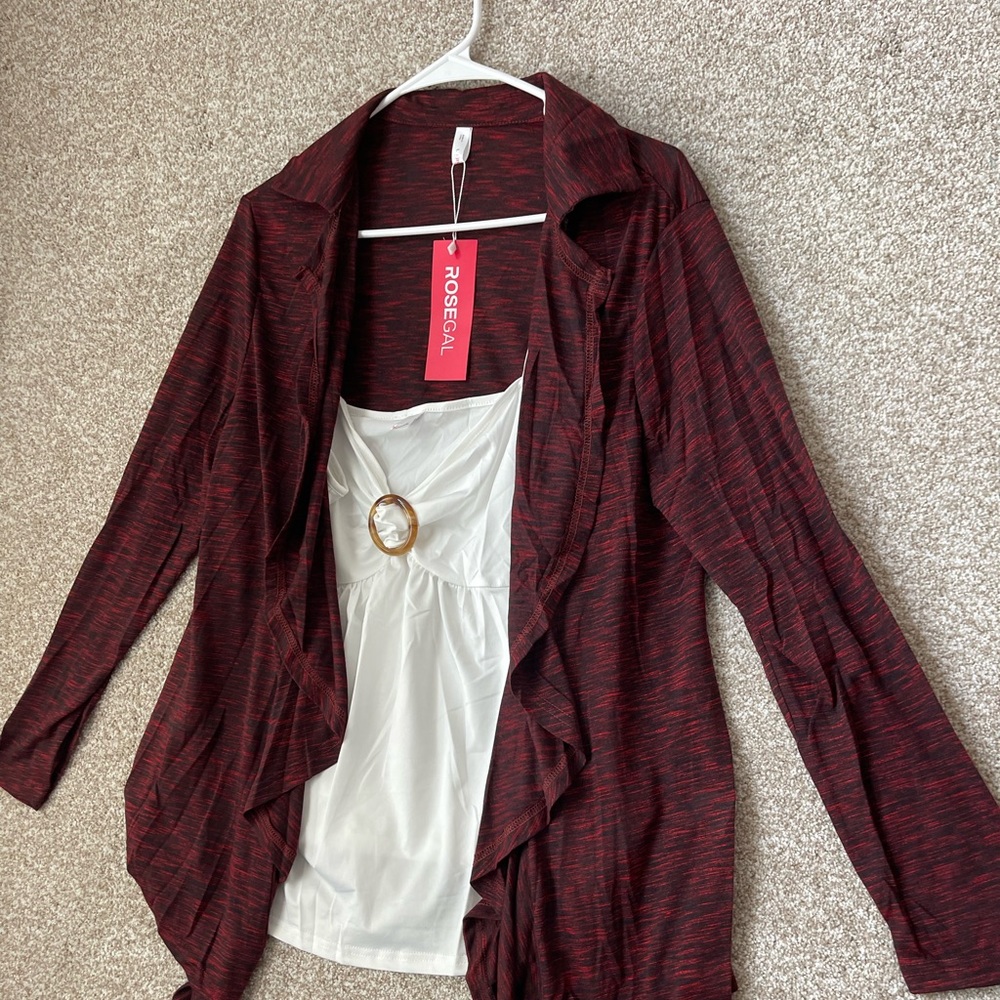 RoseGal Woman’s Marbled Burgundy Cardigan & White Tank Top Size Large